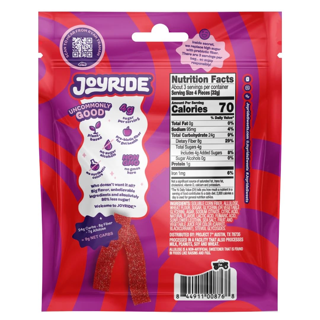 Joyride Sweets Sour Candy Strips - 3.5oz, Plant-Based, Vegan, 80% Less Sugar, Sour Strawberry Flavor