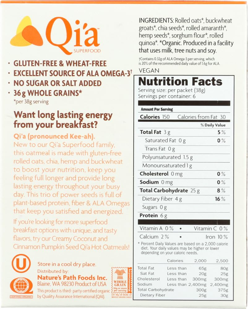 Qi'A Superfood Organic Hot Oatmeal - Superseeds And Grains - 2 Boxes With 6 Packets Each Box (12 Packets Total)