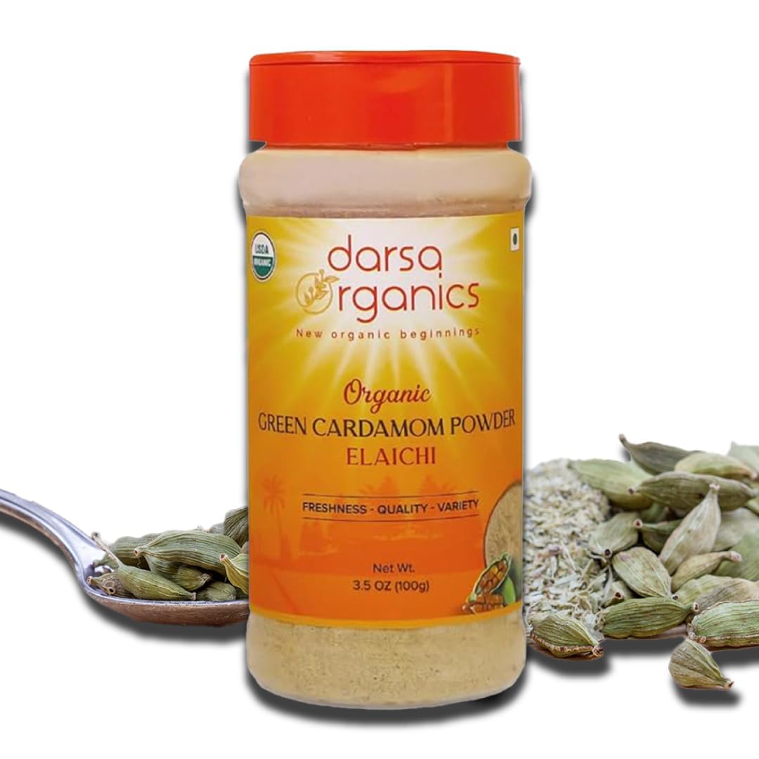 Darsa Organics Green Cardamom Powder 3.5 oz, USDA Organic Ground Cardamom, Non-GMO, Gluten-Free, Kosher, Freshly Milled Organic 