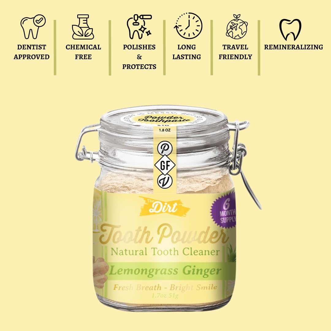 The Dirt Tooth Powder - Natural Fluoride-Free Toothpaste Alternative, Vegan - Essential Oils & Bentonite Clay (Lemongrass & Ging