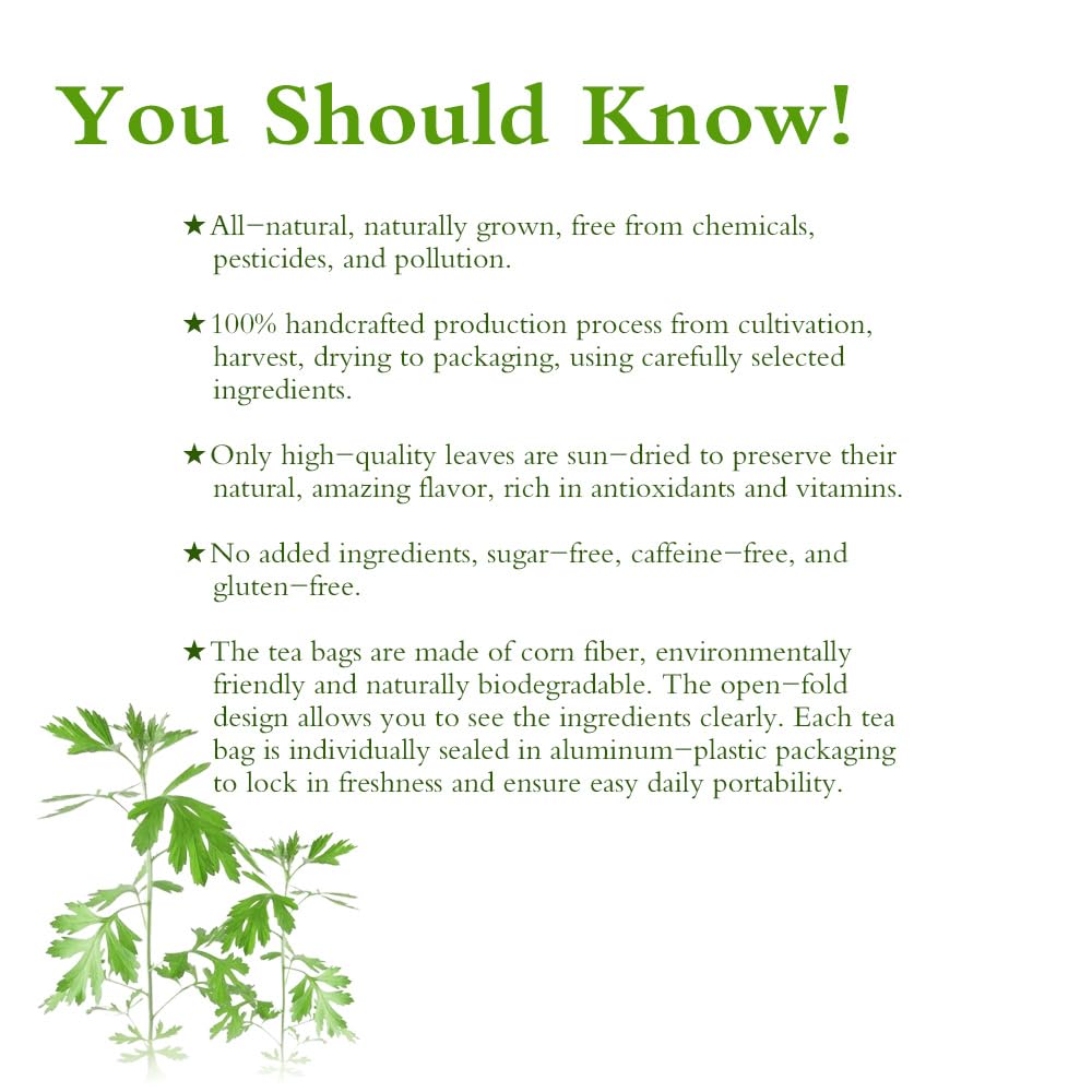 Soilmount Chinese Mugwort Tea - 100% Natural Loose Leaf - Caffeine-Free - 18 Bleach-Free Tea Bags
