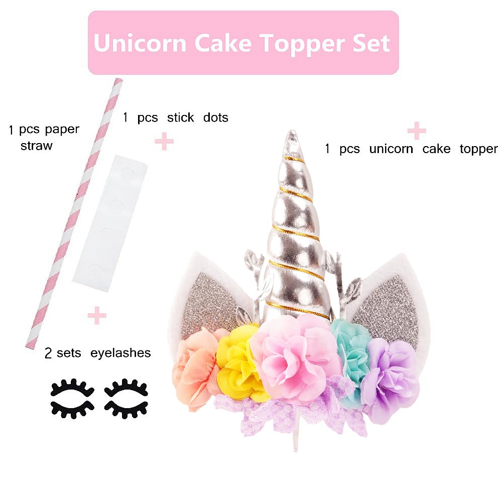 Nishine Rose Floral Unicorn Cake Topper Birthday Party Cake Decoration (Silver&Pink)