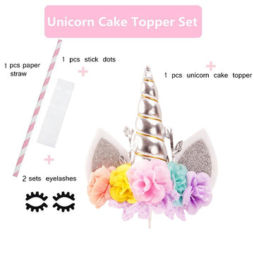 Nishine Rose Floral Unicorn Cake Topper Birthday Party Cake Decoration (Silver&Pink)