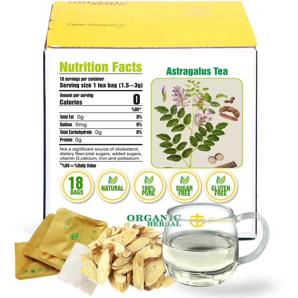Soilmount Organic Astragalus Tea - 100% Natural Herbal Tea, Caffeine-Free, 18 Tea Bags