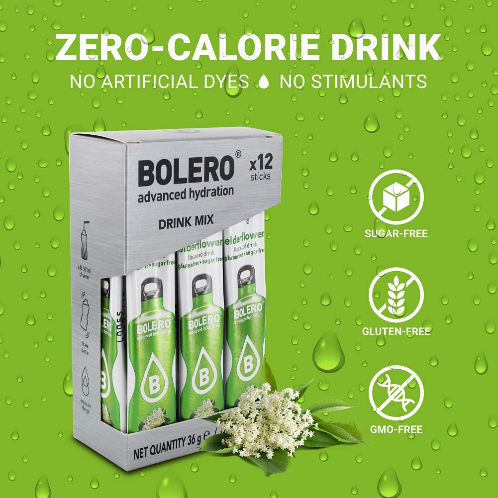 Bolero- Sugar Free Drink Mix Packets Elderflower Fruit Flavors | Powdered Flavored Water Packets | 36 Singles Sticks On The Go P
