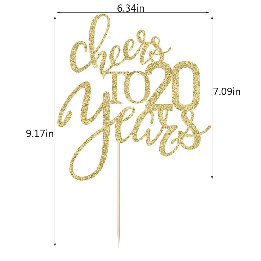 Qertesl Gold Glitter Cheers To 20 Years Cake Topper, Happy 20Th Birthday Cake Decorations,Perfect For 20 Years Cake Decorating,W