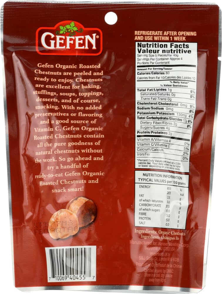 Gefen Organic Whole Peeled And Roasted Chestnuts, 5.2Oz (10 Pack) | Chestnuts Peeled And Ready To Eat | Great For Cooking & Baking | Gluten Free | Kosher