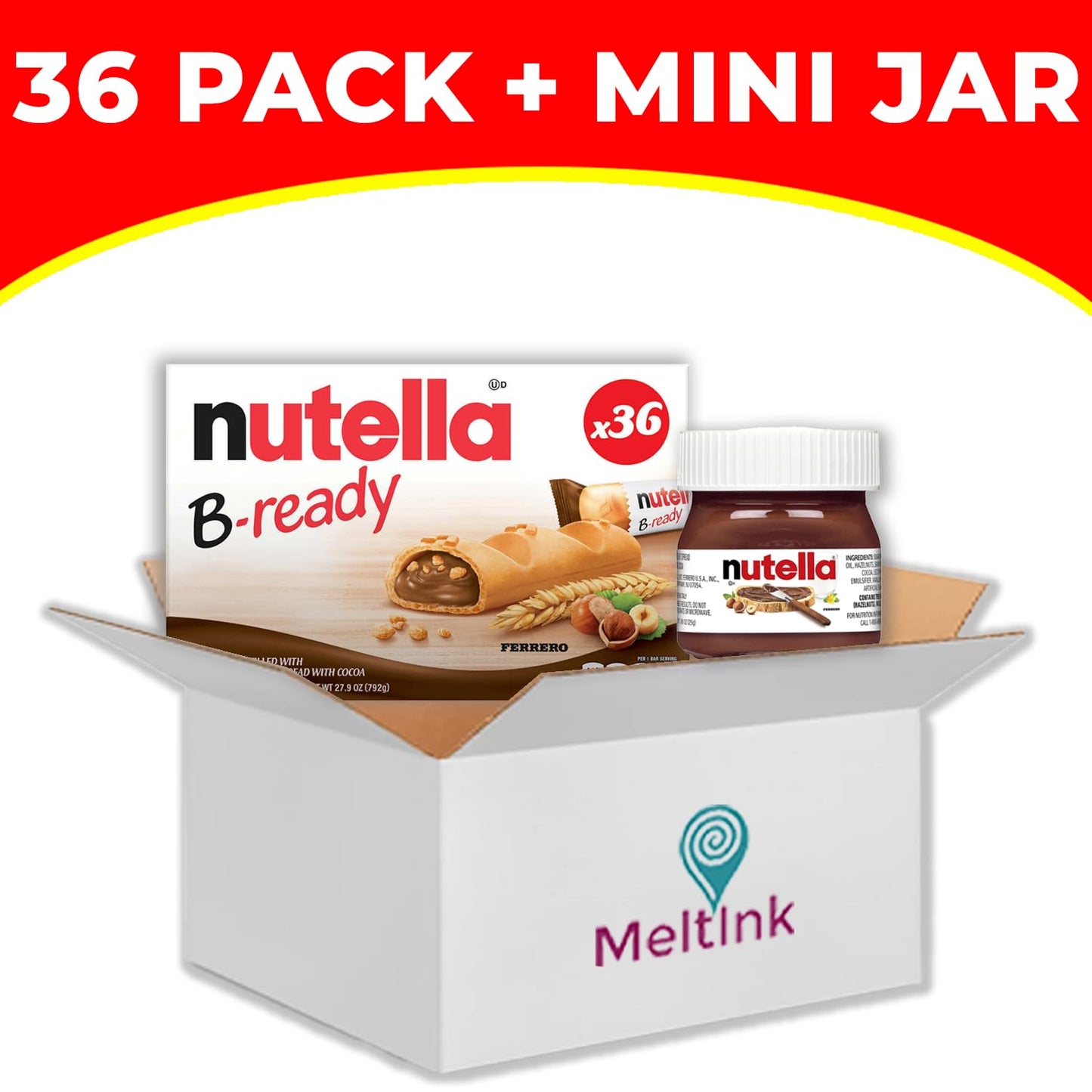 B-Ready Crispy Wafer Bars - 36 Count + Bonus Mini Glass Jar (0.88 Oz) - Delicious Nutella Spread With Hazelnut And Cocoa - Perfe