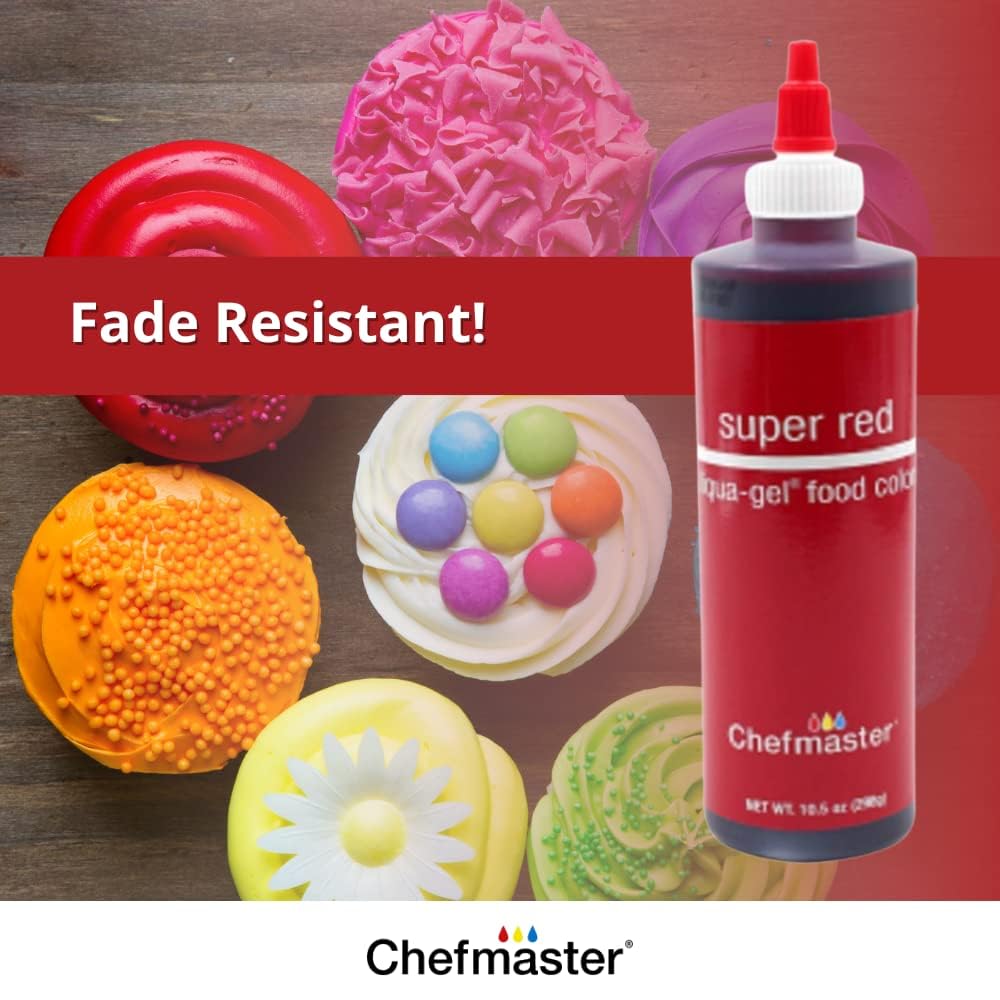 Chefmaster Super Red Liqua-Gel® Food Coloring | Vibrant Color | Professional-Grade Dye For Icing, Frosting, Fondant | Baking & Decorating | Fade-Resistant | Easy-To-Use | Made In Usa | 10.5 Oz