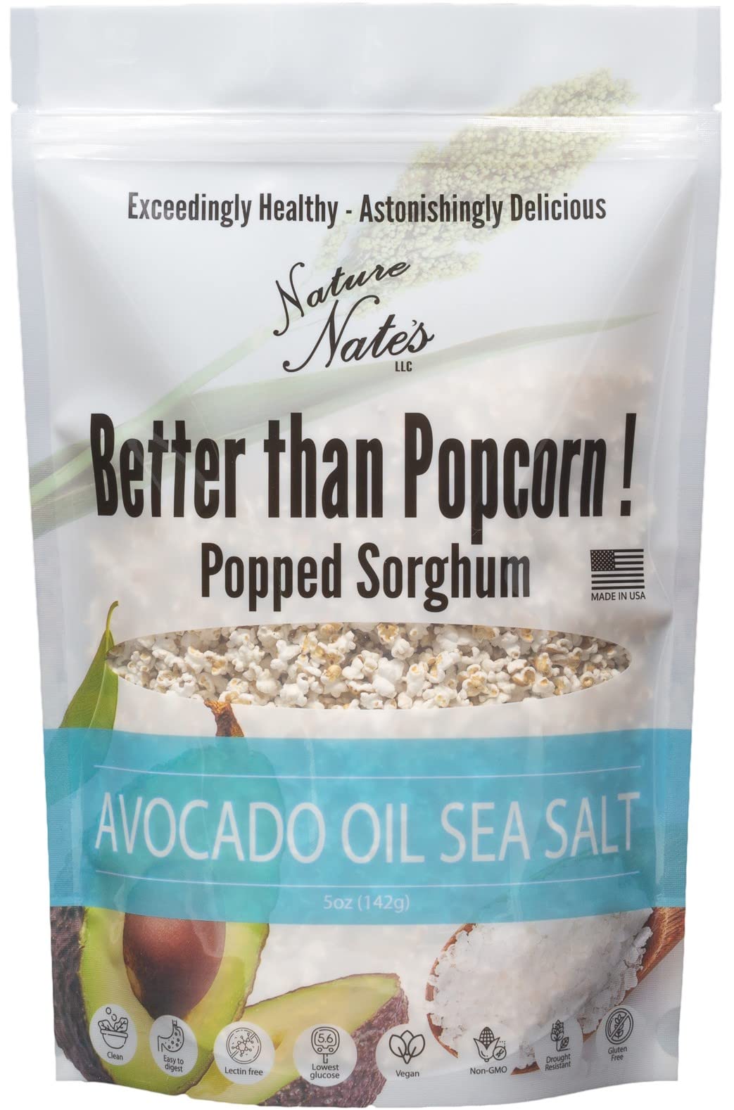 Nature Nates Popped Sorghum, Avocado Oil Sea Salt - Organic Sorghum, Keto & Gluten Free, Whole 30, Healthy Snacks, Better Than P