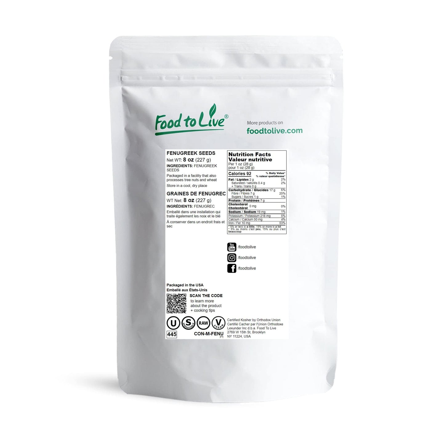 Food to Live Fenugreek Seeds - Non-GMO, Whole, Raw, Vegan, 8 Ounces