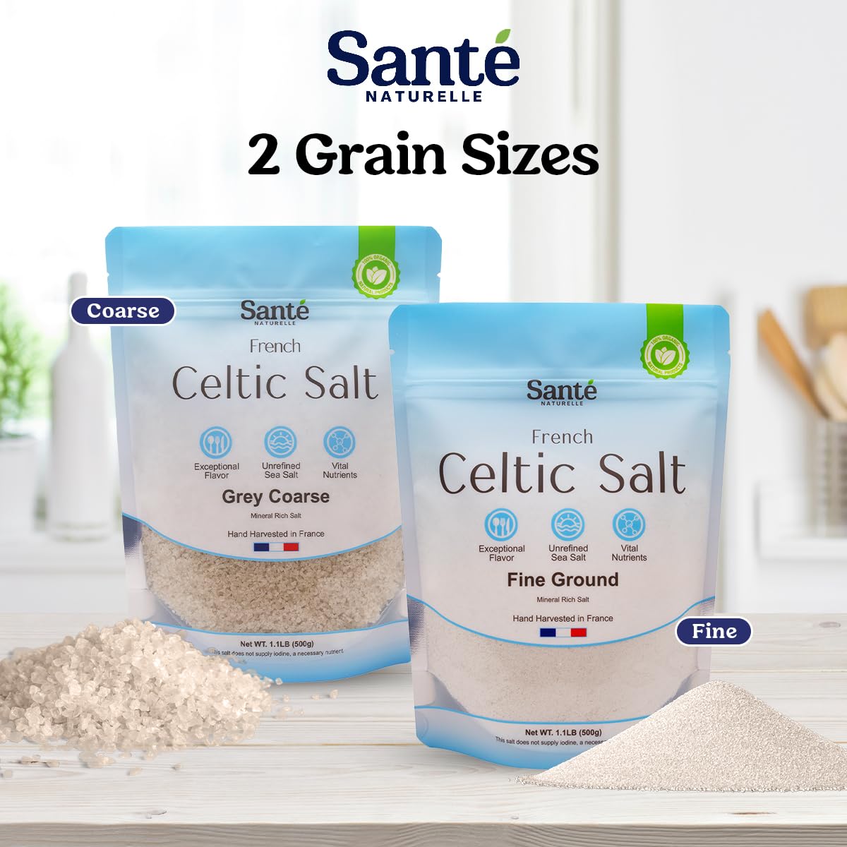 Sante Naturelle Celtic Salt Fine Ground Sea Salt - 1.1lb (18oz) Pack of 3  Unrefined Organic French Sea Salt  Rich in 82+ Minerals Salt  100% Natural & Hand Harvested Sal Celtica