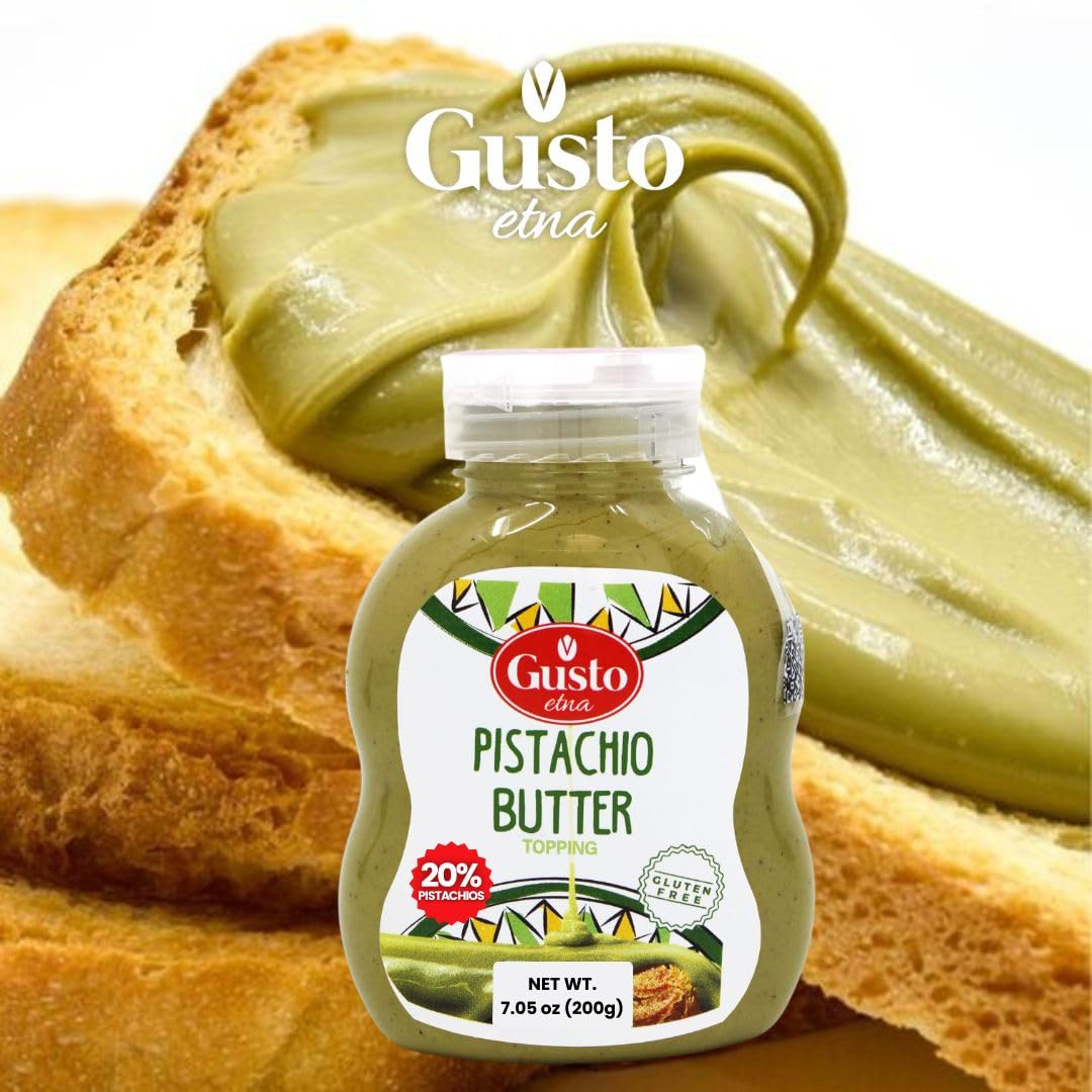 GUSTO ETNA Pistachio Cream/Butter  Squeeze Botttle 200 g (7.05 oz)  Sicilian Pistachio Cream  Ideal for coffee  desserts  Pancakes  gelato  tostadas and more  Product of Italy