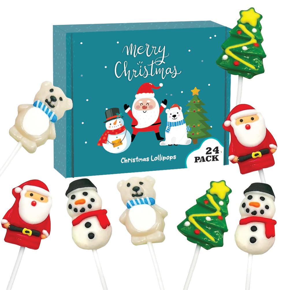 Christmas Lollipops - Holiday Suckers - 24 Individually Wrapped Bulk - Christmas Candy Variety Pack - Santa, Christmas Tree, Sno