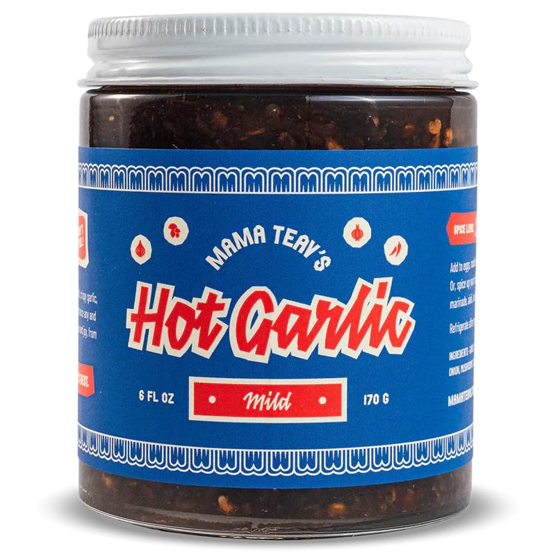 Mama Teav's Hot Garlic Chili Crisp - Mild Spice Umami Crunchy Chili Oil Condiment - All Natural Vegan Healthy - Cold-Pressed Gra