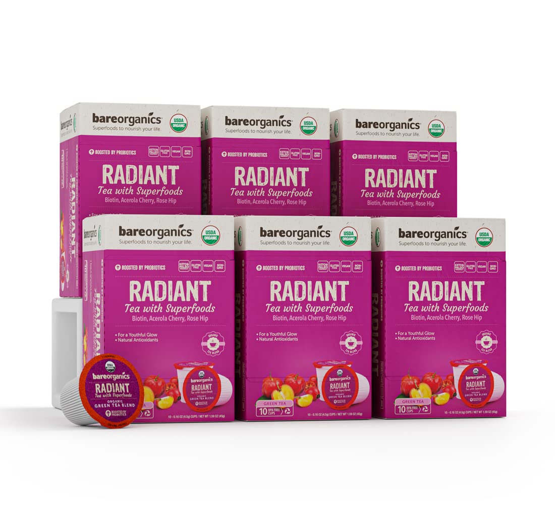 BareOrganics Radiant Tea Withuperfoods & Probiotics | Compatible Tea Pods | USDA Certified Organic  Vegan  Non-GMO & Recyclable 60ct