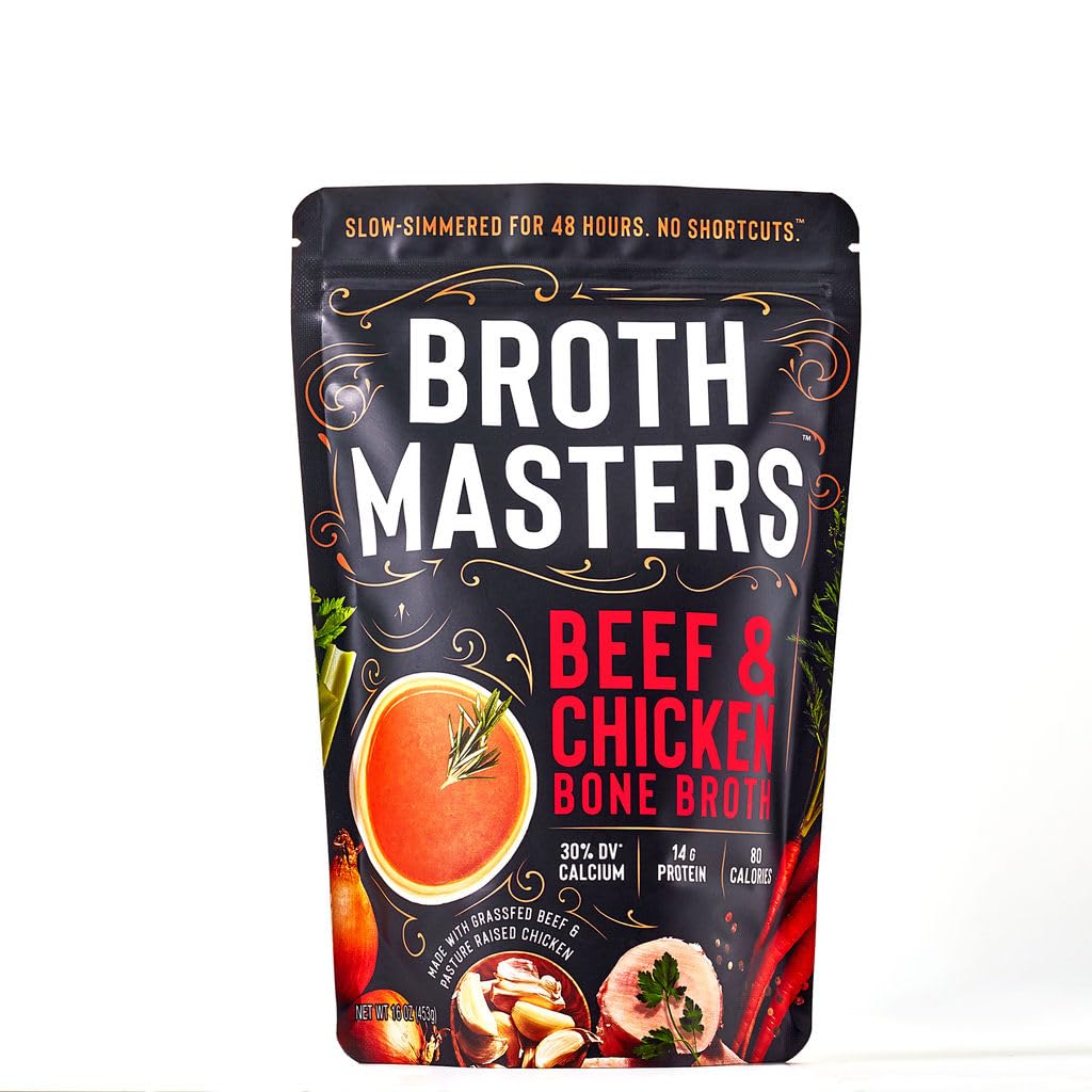 BrothMasters Bone Broth - Calcium Rich, Grass Fed Beef & Pasture Raised Chicken - 10 Pack, 16 oz Each