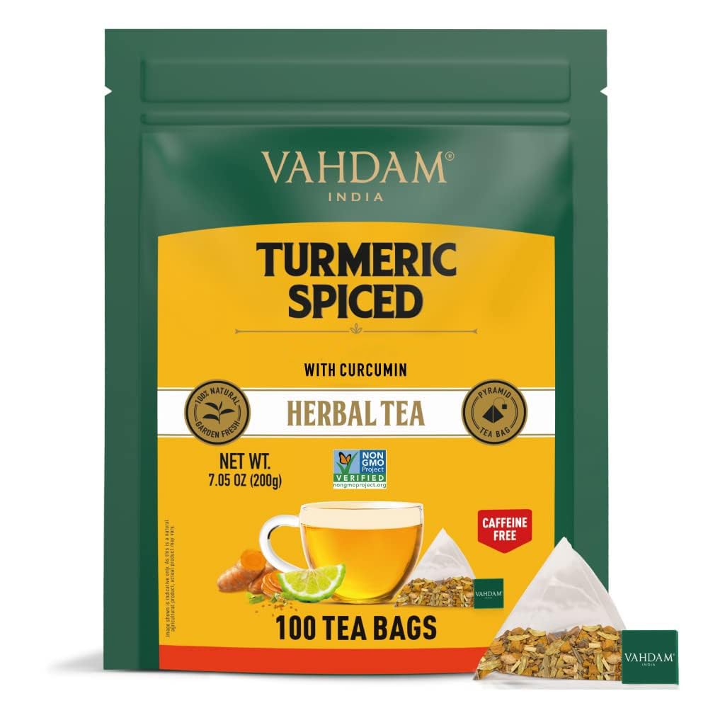 Vahdam, Turmeric Spice Herbal Tea Bags (100 Pyramid Tea Bags) | Caffeine Free, Non Gmo & Gluten Free | Turmeric Ginger Tisane With Cardamom, Cinnamon, Lemongrass & Black Pepper