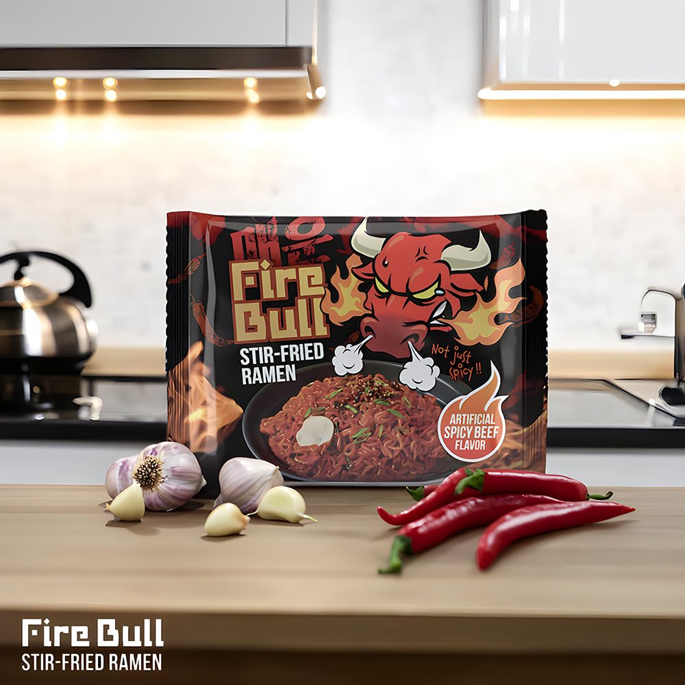 FIRE BULL RAMEN Intense Spicy Stir-Fried Ramen | Thick Chewy Noodles | 32 Pouches (1 Case)
