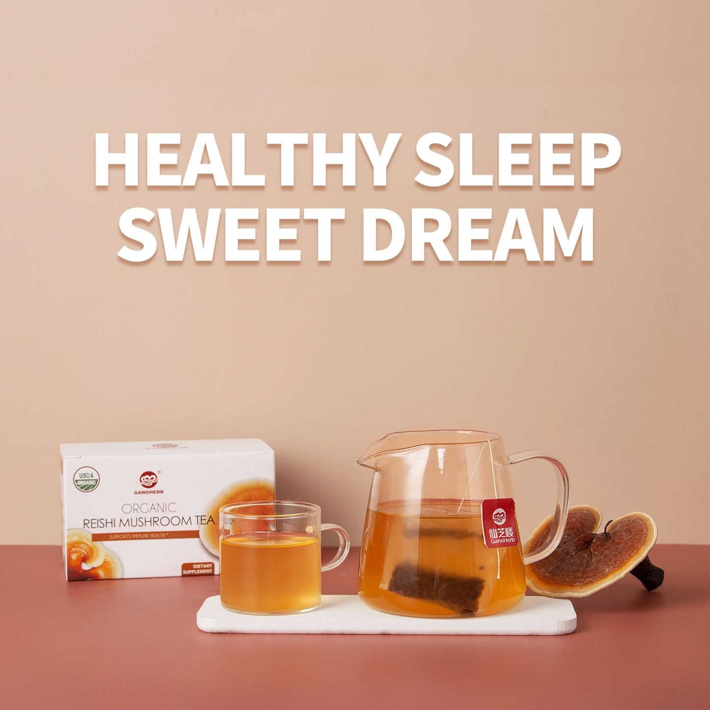 GANOHERB Reishi Mushroom Tea, Caffeine-Free, 25 Count, Adaptogen Ganoderma Lucidum for Immune Health, Stress Relief