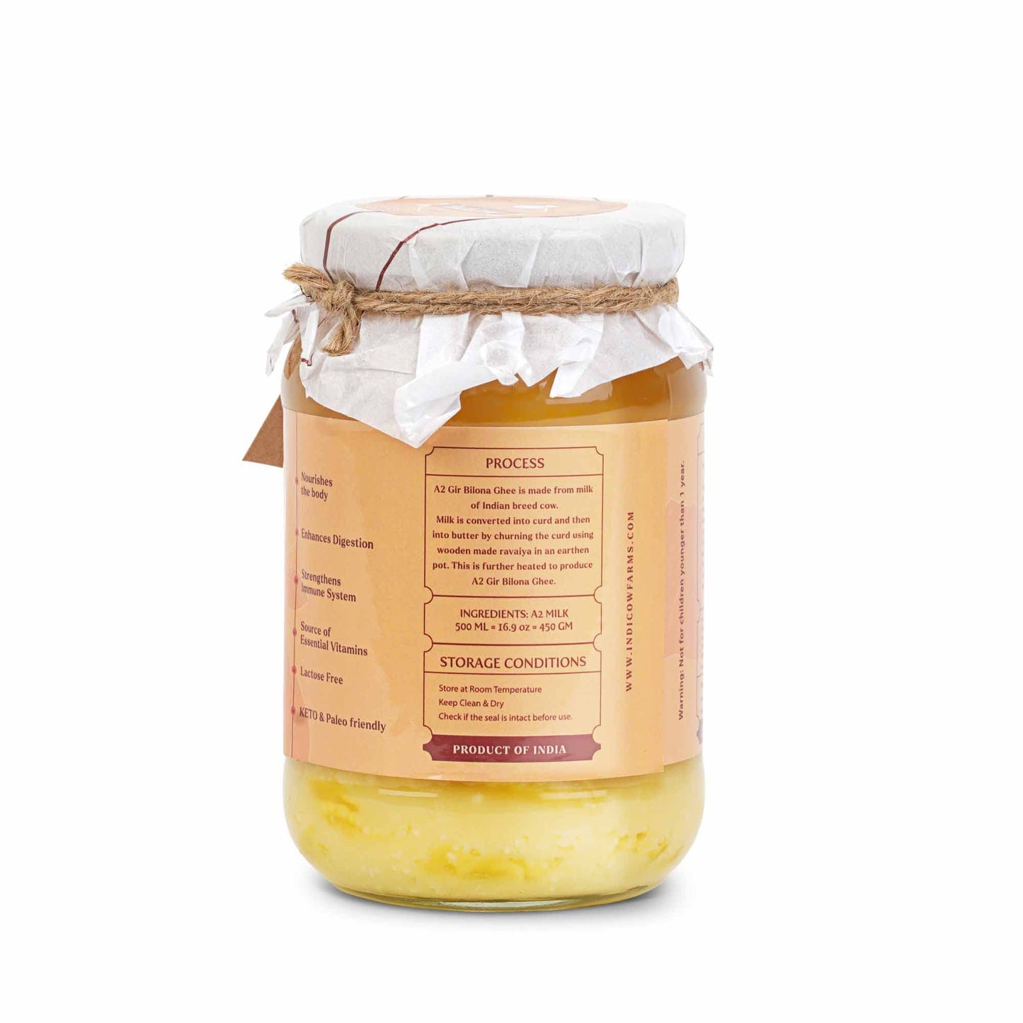 Indicow A2 Desi Cow Ghee, Grass Fed Clarified Butter, 500ml (16.91oz), Gir Cow Ghee, Non-GMO, Keto, Paleo, Lactose Free
