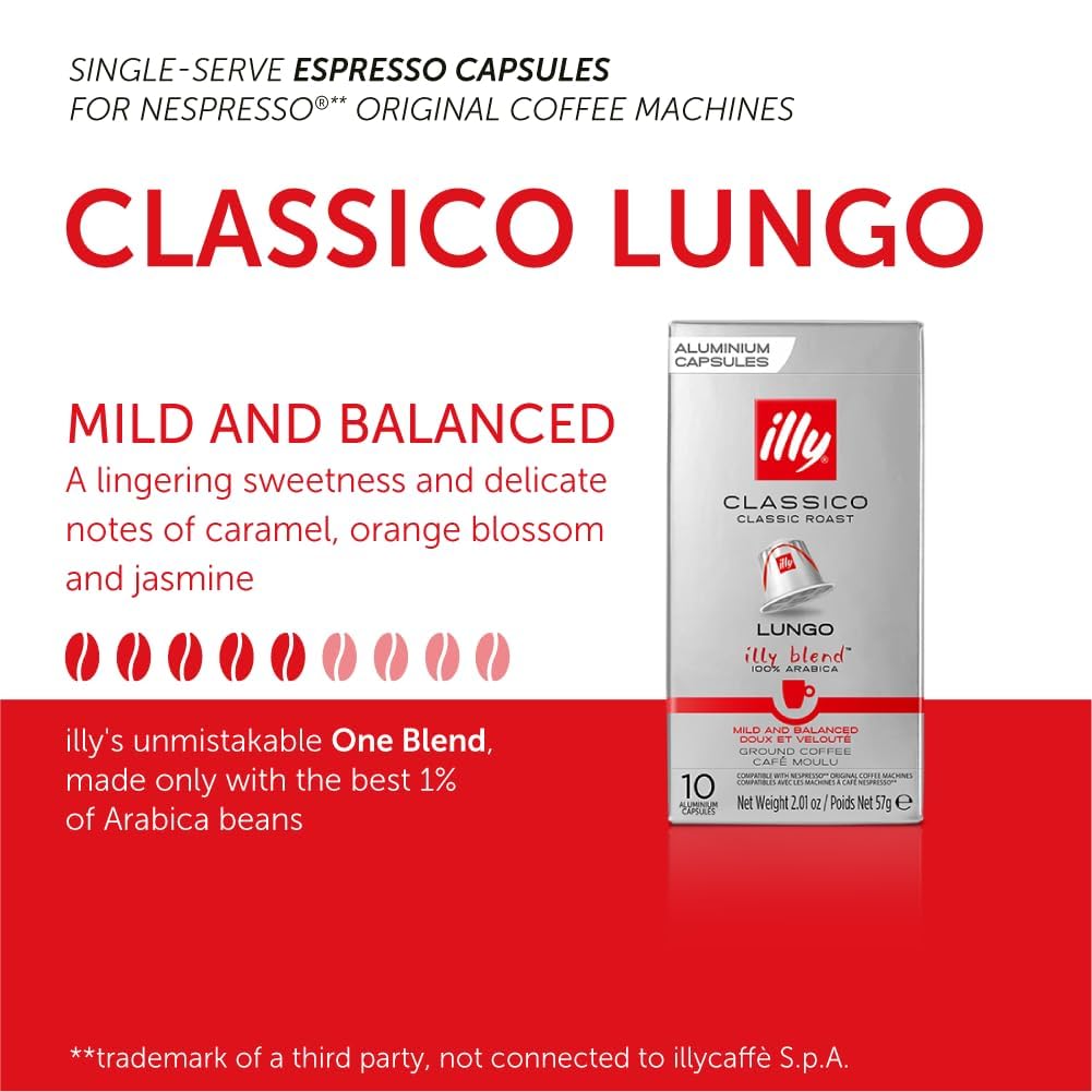 illy Aluminum Espresso compact pieces Compatible with Nespresso - Classico Lungo Roast - Mild & Balanced - 10 Count (Pack of 10)