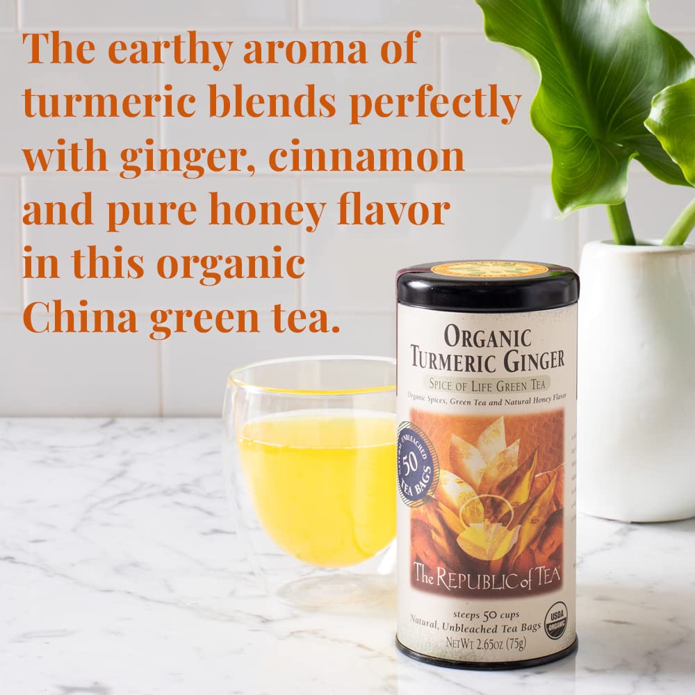 The Republic of Tea Organic Turmeric Ginger Green Tea - 50 Tea Bags, Naturally Caffeinated, 50 Count