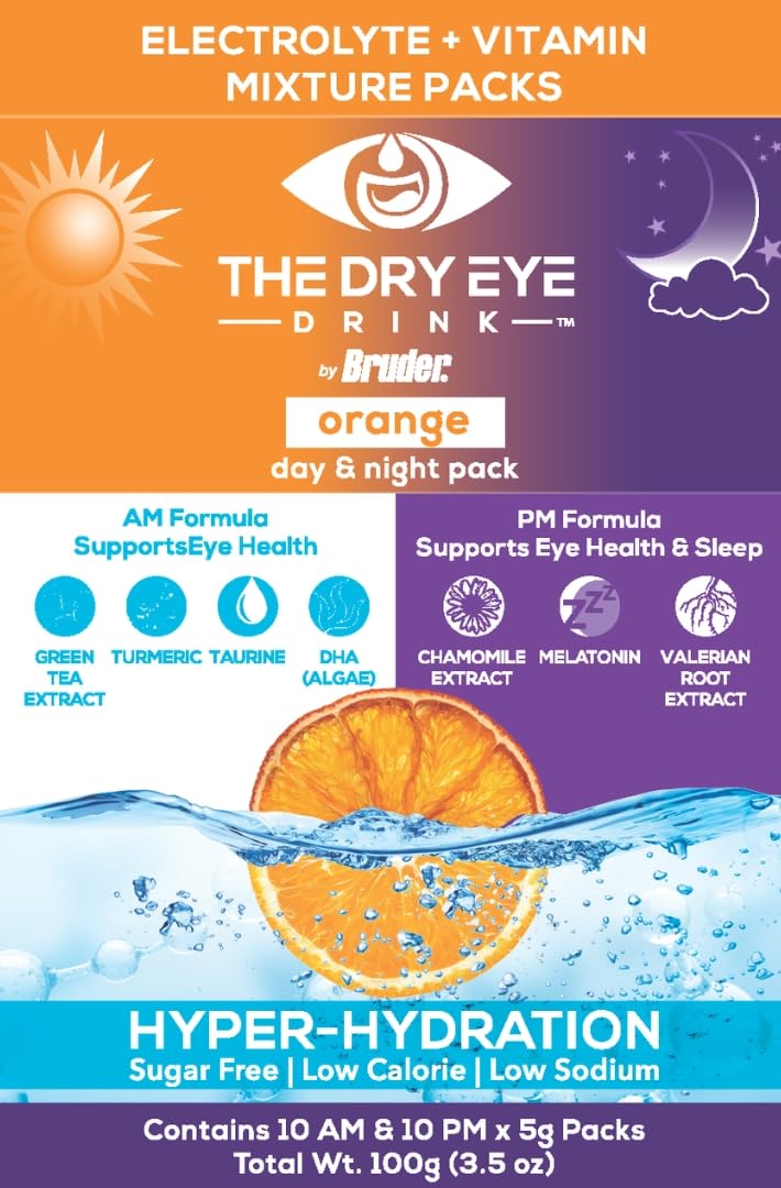The Dry Eye Drink L Ultimate Hydration For Dry Eyes L Sugar-Free Electrolyte Powder Packets L Blended With Vitamins, Green Tea, Turmeric, Taurine, And Dha L 5G X 20 Packets (Orange Am/Pm)