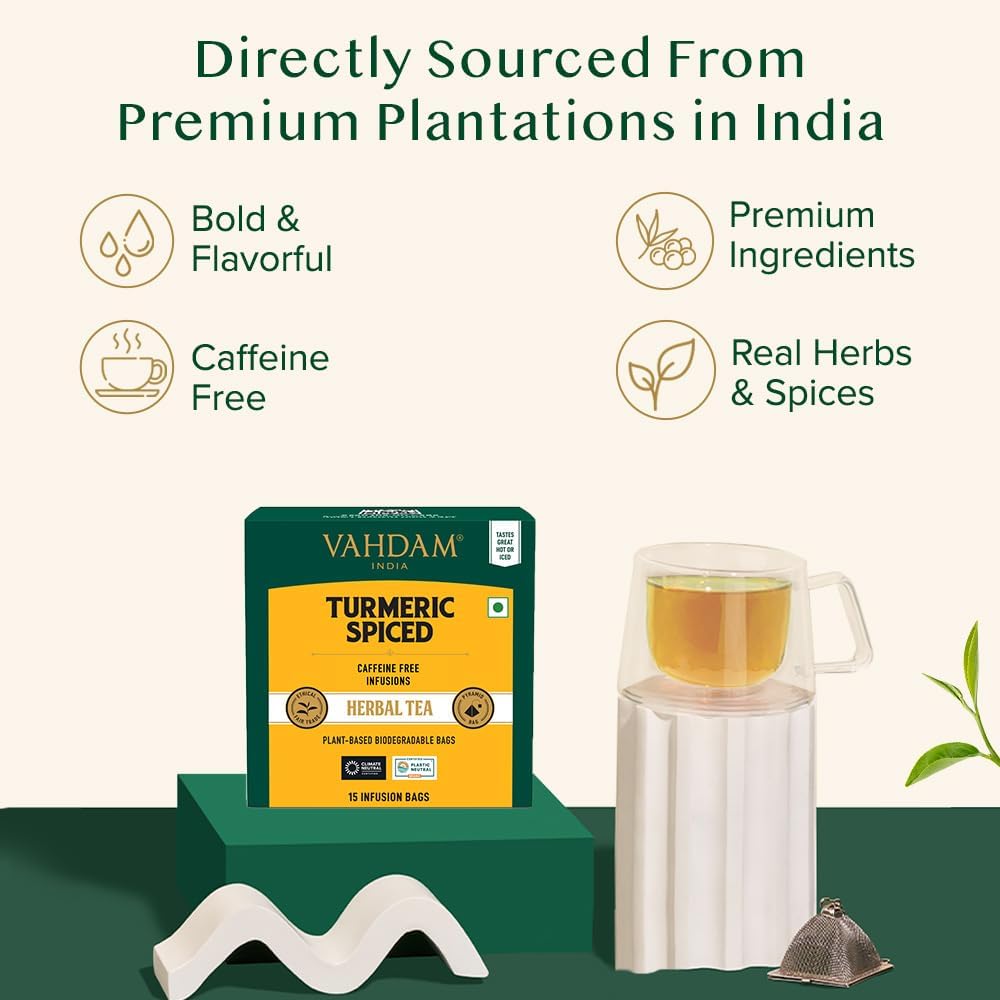 VAHDAM Turmeric Spice Herbal Tea Bags - Caffeine Free, Non-GMO, Gluten Free, 15 Count, Individually Wrapped Pyramid Bags