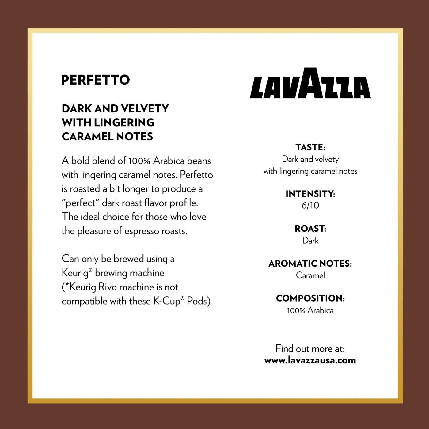 Lavazza Perfetto K-Cup Pods for Keurig, Dark Roast, 10-Count Boxes, Pack of 6, Brown
