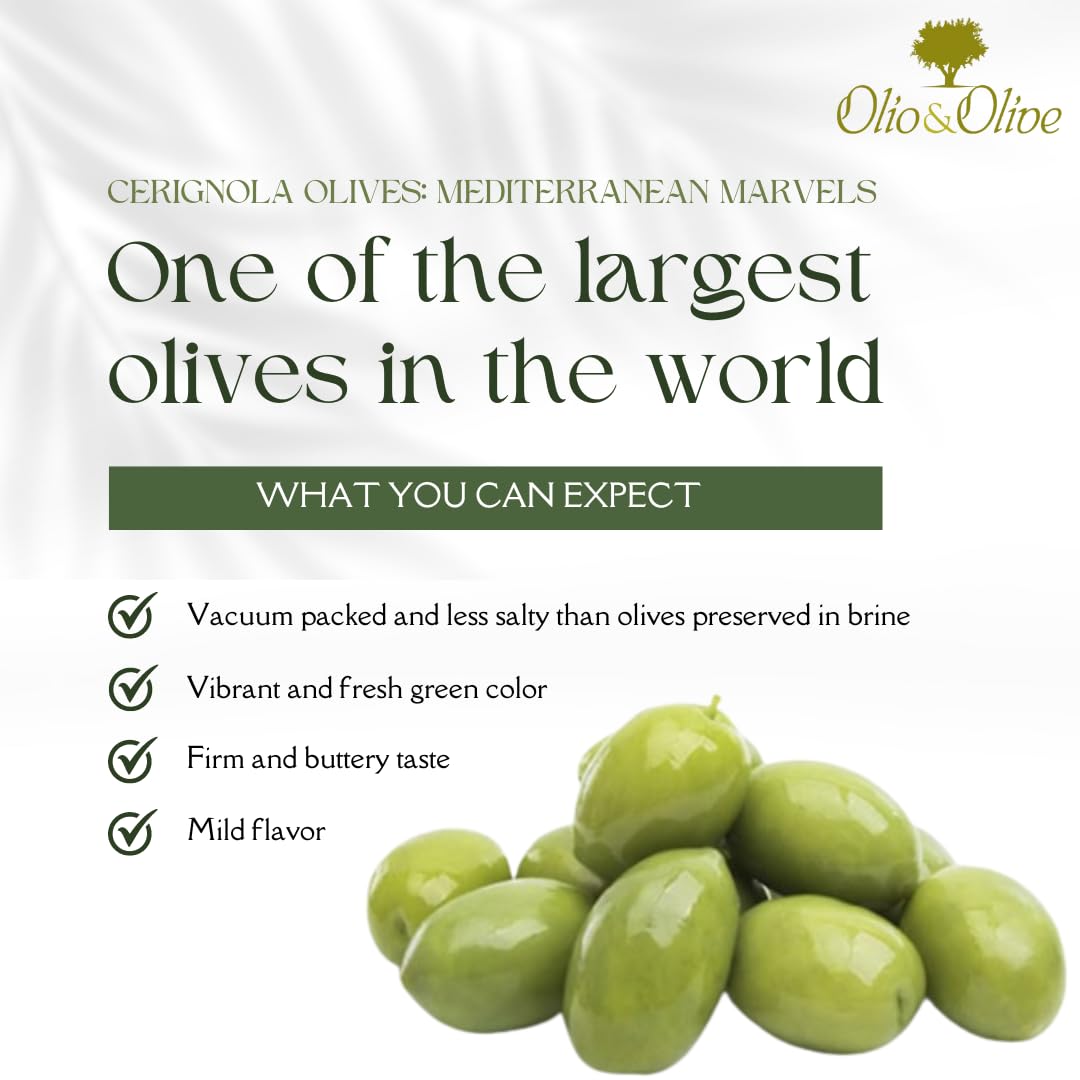 Olio&Olive Large Bella Di Cerignola Green Italian Olives - Vacuum Packed And Less Salty - Firm And Buttery Taste - Vibrant And Fresh Color - 1Lb Pack (Drained Weight) - Imported From Apulia-Italy