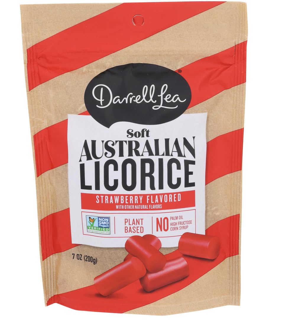 Darrell Lea Soft Australian Made Licorice, Original Black Flavor And Strawberry, 7 Oz Bag | Non-Gmo, No Palm Oil, No Artificial