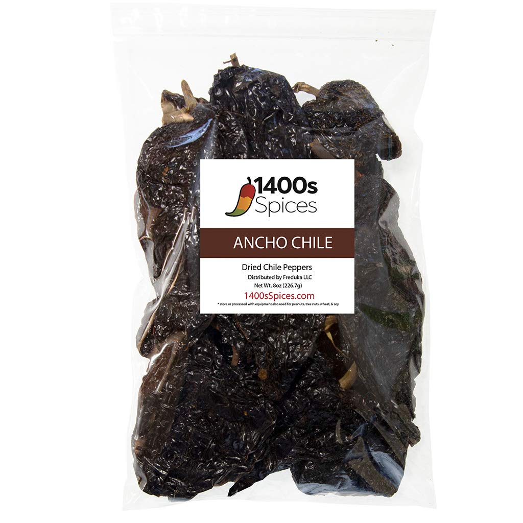 1400S SPICES Ancho Dried Whole Chile Peppers, 8oz Resealable Bag, Chili Seco Pods for Authentic Mexican Cooking