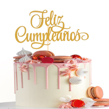 Spanish Feliz Cumpleaos Cake Topper - Gold Glitter Happy Birthday Cake Topper, Single-Side Gold Glitter Feliz Cumpleaos Decorati