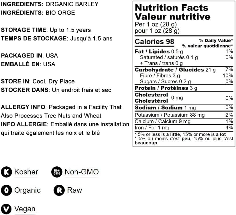 Food to Live Organic Barley Flour, 3 Pounds - Non-GMO, Stone Ground from Whole Hulled Barley, Fine, Kosher, Vegan, Bulk. Rich in