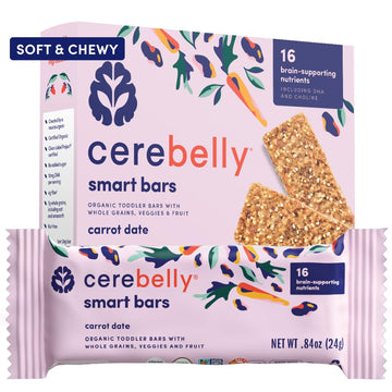 Cerebelly Toddler Snack Bars - Organic Carrot Date Smart Bars (Pack Of 5), Healthy & Organic Whole Grain Bars With Veggies & Fru
