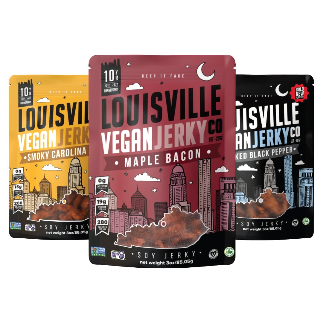 Louisville Vegan Jerky Best Sellers Variety Bundle, 3 oz. (3 Pack: Smoky Carolina BBQ, Smoked Black Pepper, Maple Bacon)