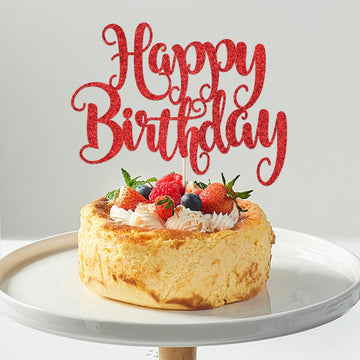 Fmiyuneea Happy Birthday Cake Topper- Glitter Happy Birthday Cake Decor, Handmade Anniversary/Birthday Party Supplies (Red)