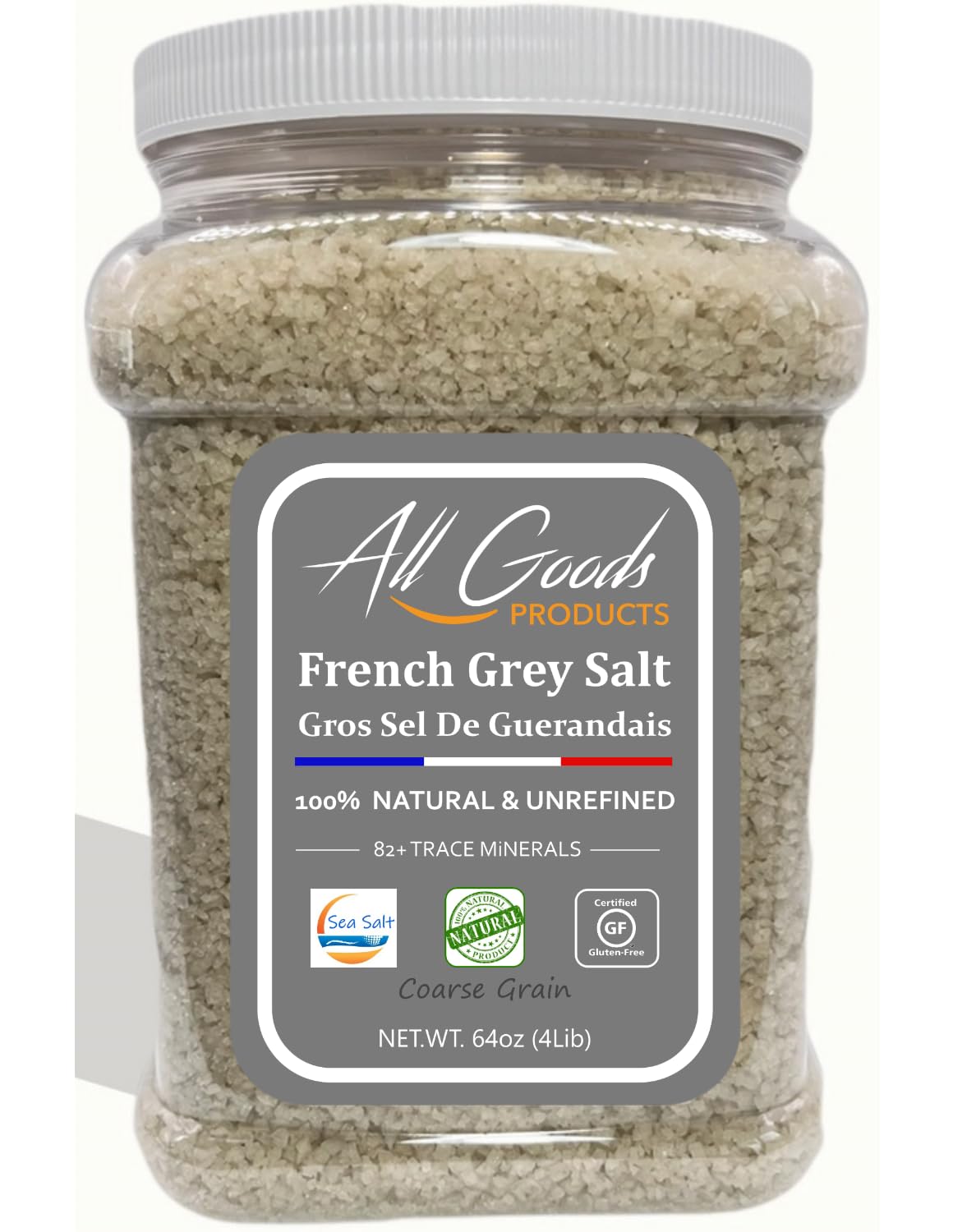 All Goods Mineral Organic Grey Sea Salt - 4 lb Coarse Jar, 82 Minerals, French Gray, Hand-Harvested, Les Gu  randais, Unrefined.