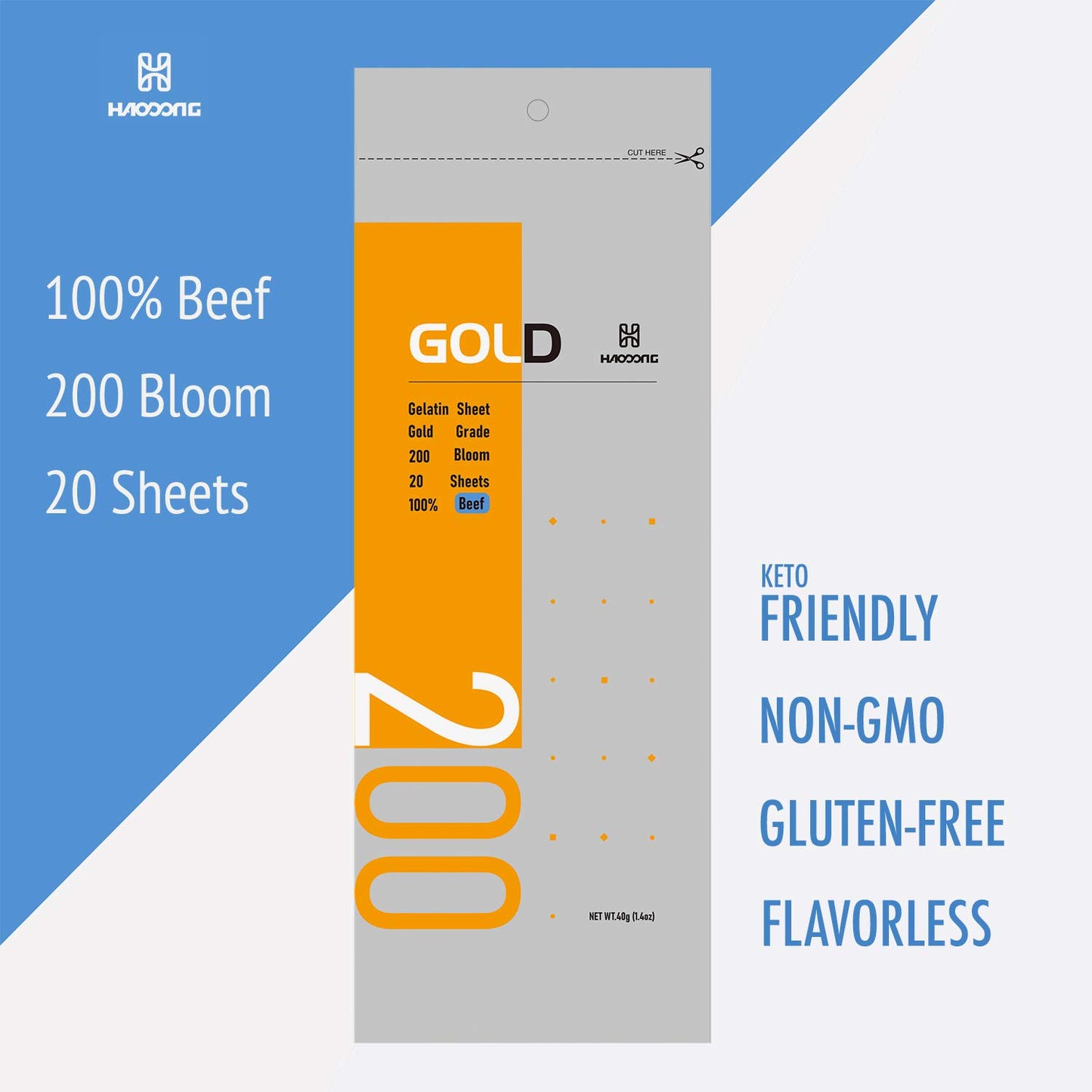HAODONG Gold Gelatin Sheets - Beef Leaf Gelatin 200 Bloom (40g, 18-20Sheets) for Baking Desserts Mirror Glaze Mousse Cake
