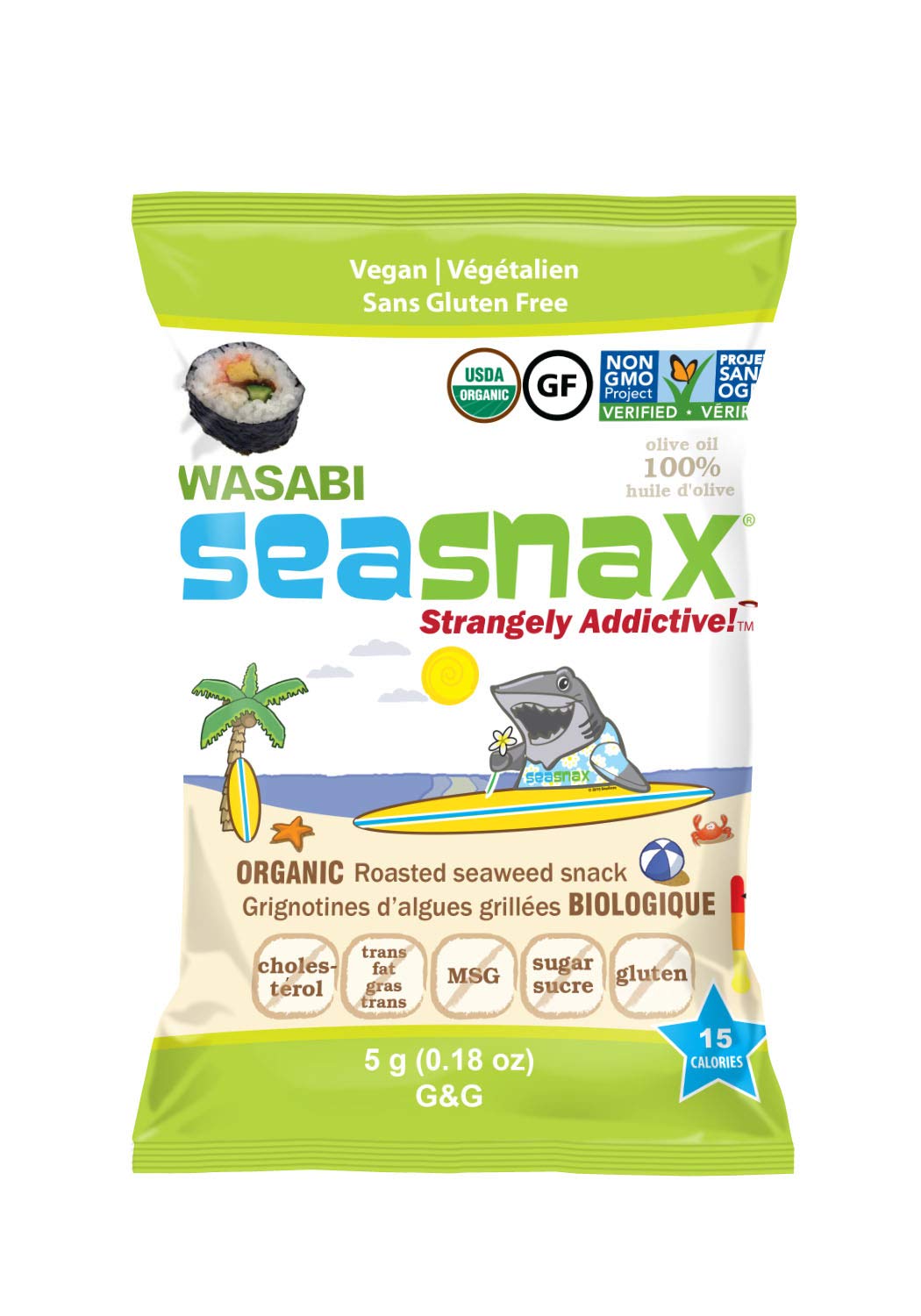 SeaSnax Organic Roasted Seaweed Snack, Wasabi, 0.18 Ounce (Pack of 72)