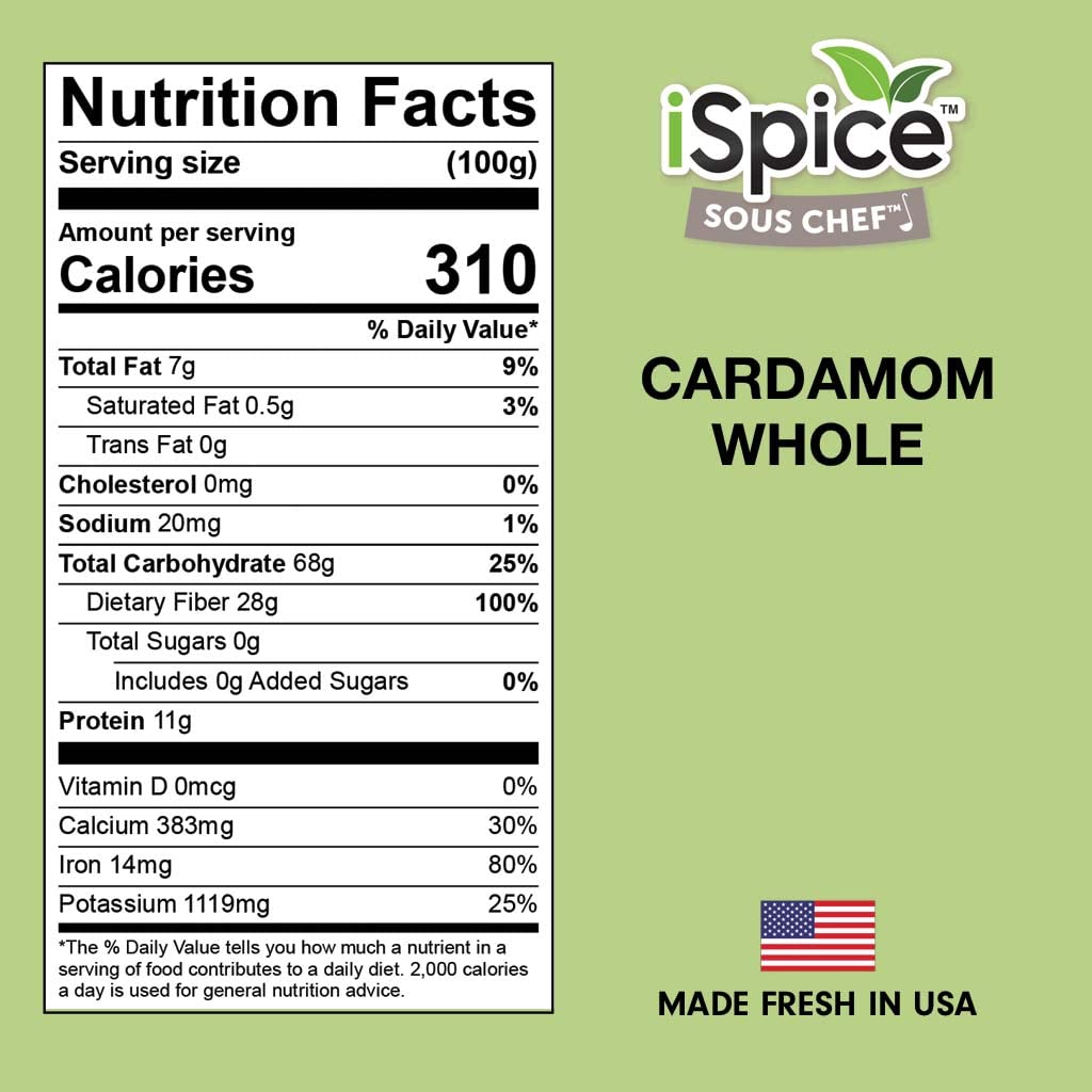 Ispice Cardamom Seeds Whole (3.9 Oz) 110G | Cardamom Pods Whole Pure And Fresh | Kosher | Aromatic Essential Kitchen Herbs