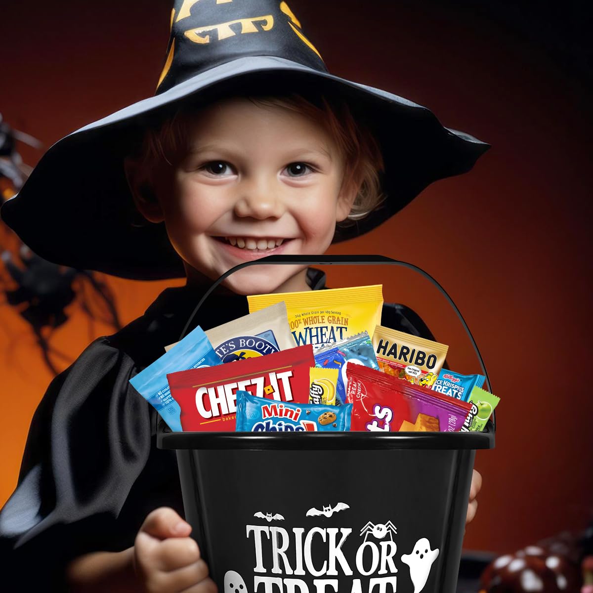 Halloween Basket Gift Care Package - 45 Count Snack Bucket Filled With Assorted Candy, Chocolates &   For Trick-Or-Treat, Classroom Parties, Office Events & Family Fun - Black