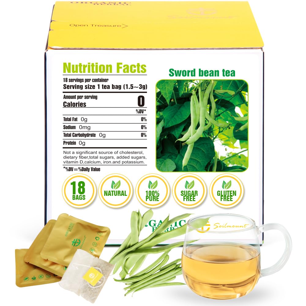 Soilmount Sword Bean Tea - Herbal Decaffeinated Loose Leaf - 18 Bleach-Free Tea Bags - Caffeine-Free
