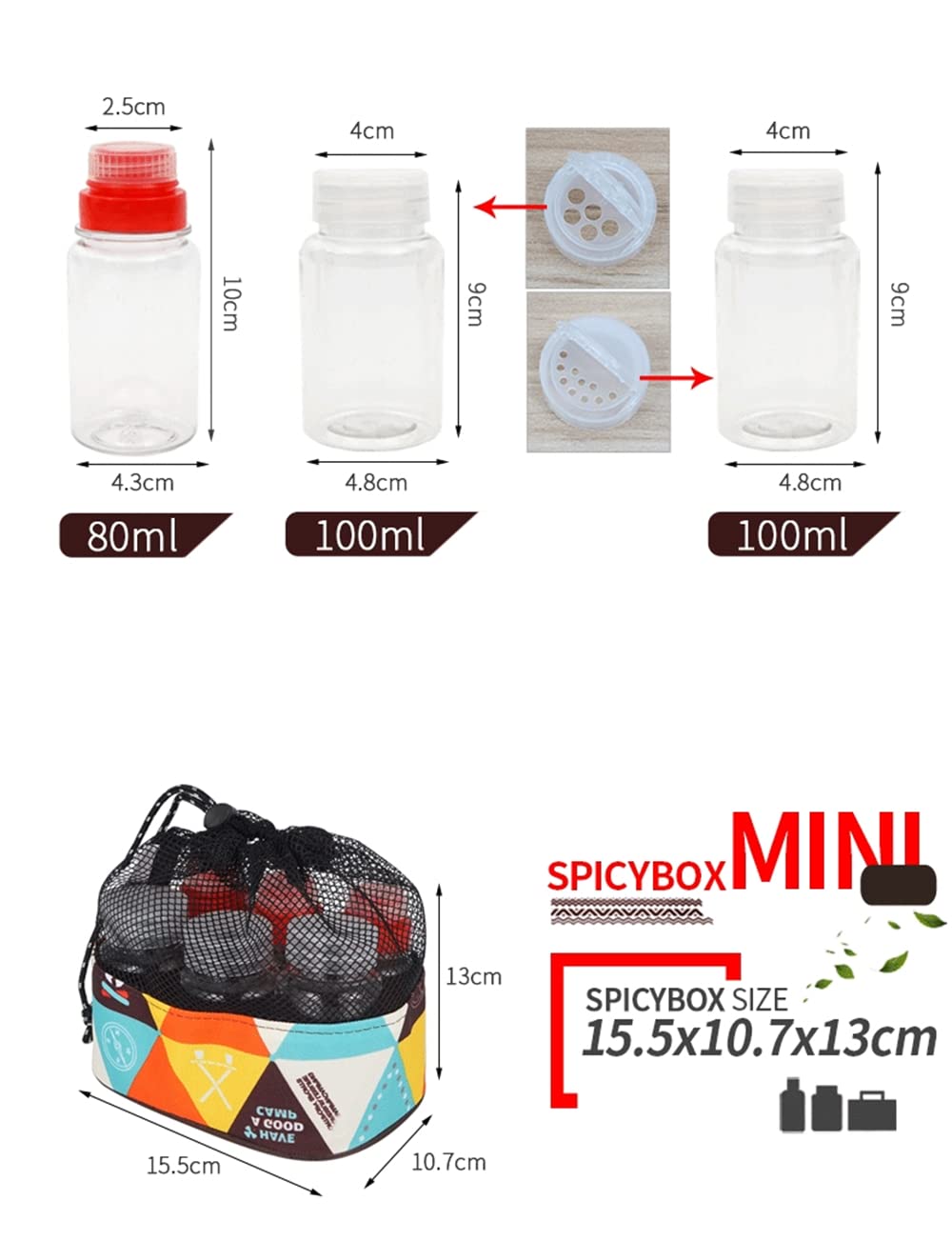 Joyeee 6 Pack Travel Spice Kit, 2.7 oz Plastic Bottles with Red Caps, BPA Free, Model 52usspicejars-04, Ideal for Sauces and Season
