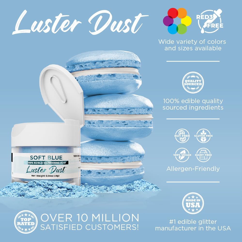 Luster Dust - Soft Blue (4G 1X Jar) | Edible Vegan Dust & Paint For Cake Decorating, Ice Cream, Desserts, Cocktails And Beverage