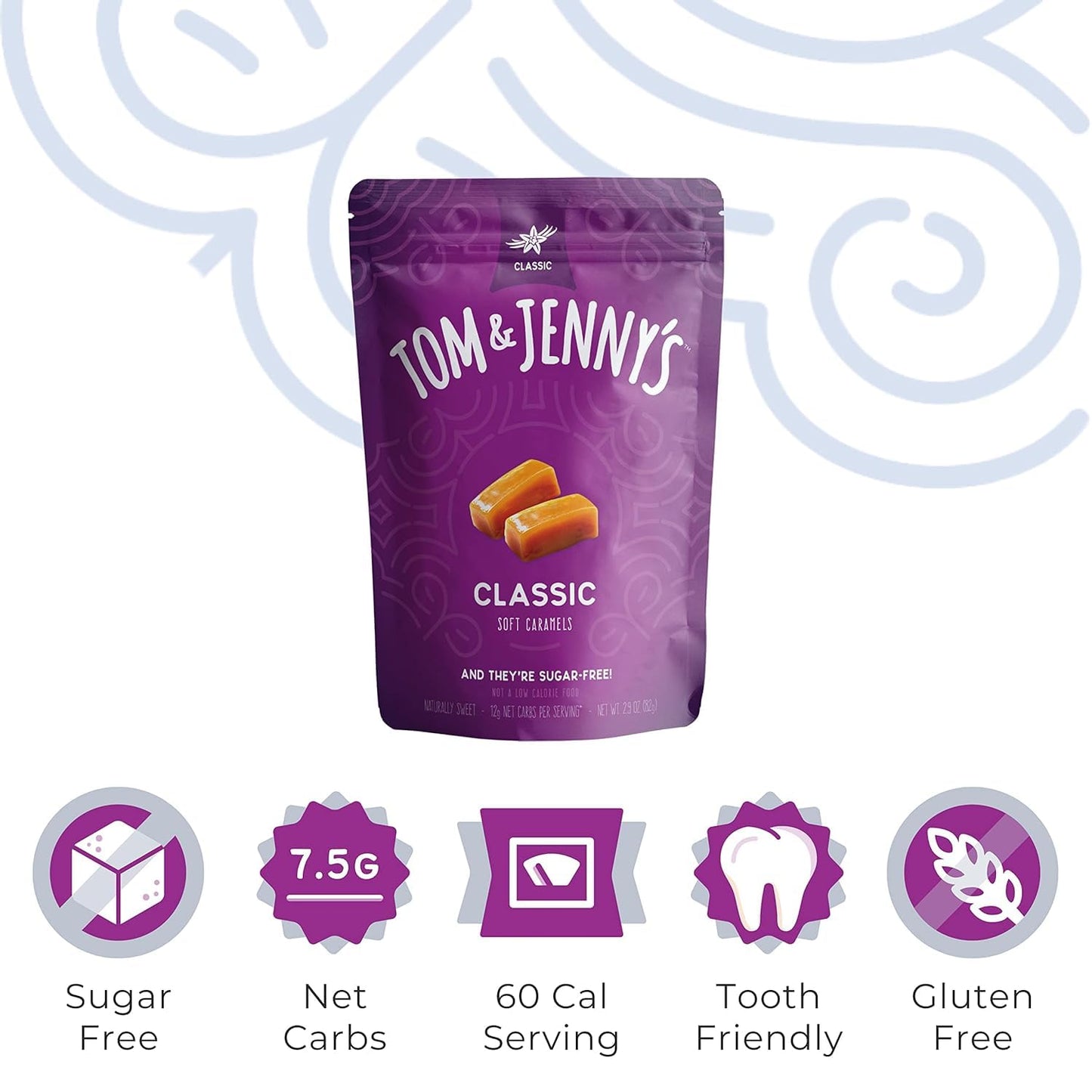Tom & Jennys Sugar Free Candy (Soft Caramel) With Sea Salt And Vanilla - Low Net Carb Keto Candy - With Allulose And Maltitol - (Classic Caramel, 2-Pack)