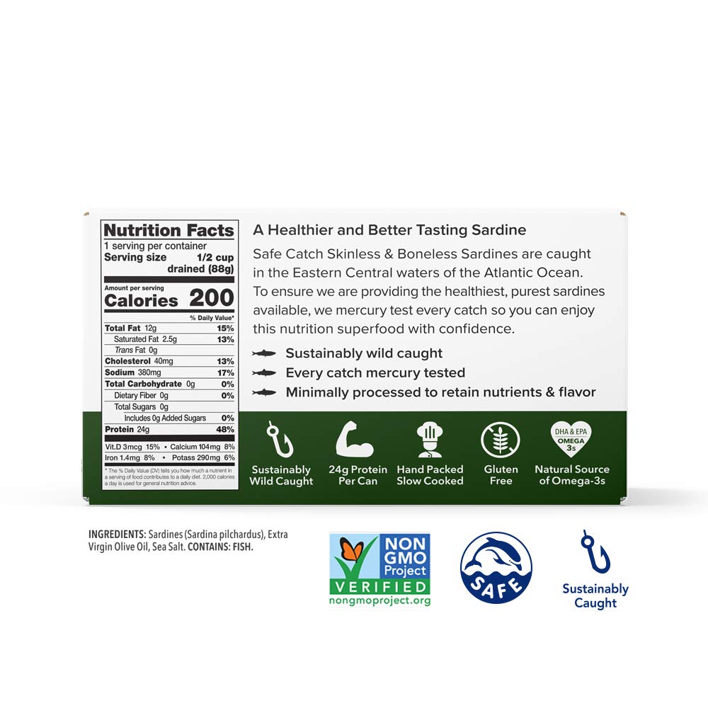 Safe Catch Wild Sardines in Extra Virgin Olive Oil Wild-Caught Skinless Boneless Sardine Fillets Lowest Mercury Limit, Keto Food