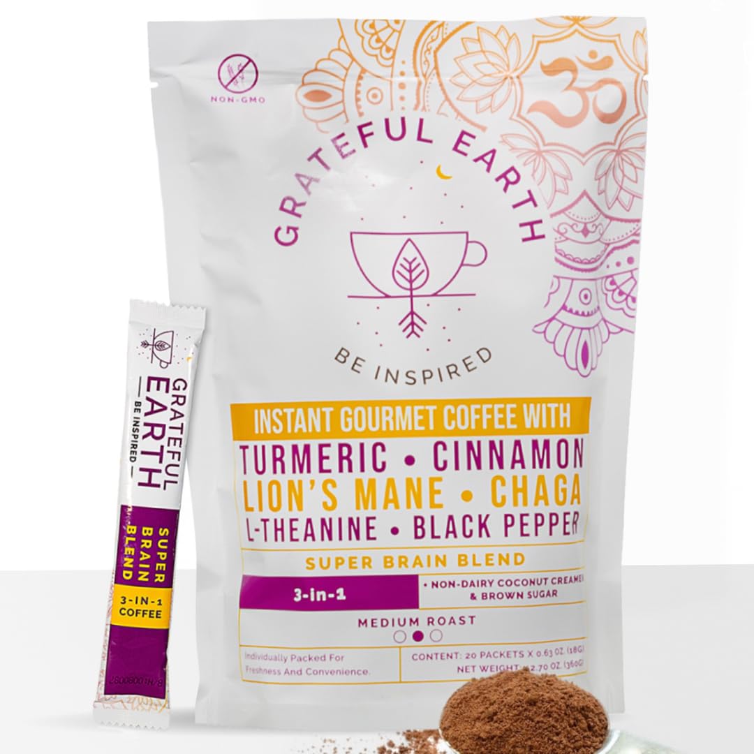 Grateful Earth Mushroom Coffee, Coconut Instant Coffee With Cinnamon, Turmeric, Lions Mane Mushrooms, L-Theanine, Chaga, Super B