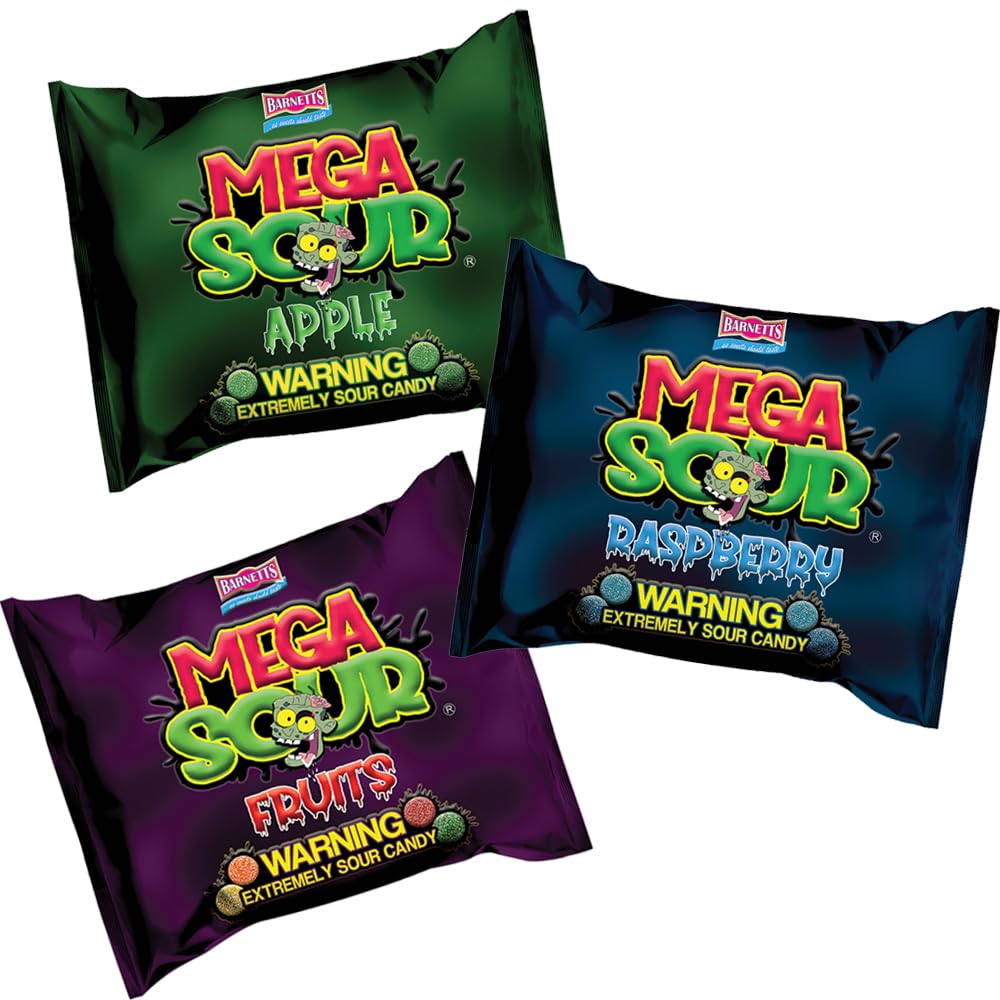 3 Pack Bundle Barnett Sweets Mega Sour Candy - Raspberry | Fruits | Apple - Trendy Sweet Bags - Traditionally Handmade Sweets -